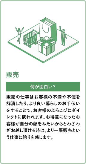 販売 何が面白い？ 販売の仕事はお客様の不満や不便を解消したり、より良い暮らしのお手伝いをすることで、お客様のよろこびにダイレクトに携われます。お得意になったお客様が自分の顔をみたいからとわざわざお越し頂ける時は、より一層販売という仕事に誇りを感じます。