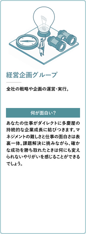経営企画グループ 全社の戦略や企画の運営・実行。 あなたの仕事がダイレクトに多慶屋の持続的な企業成長に結びつきます。マネジメントの難しさと仕事の面白さは表裏一体。課題解決に挑みながら、確かな成功を勝ち取れたときは何にも変えられないやりがいを感じることができるでしょう。