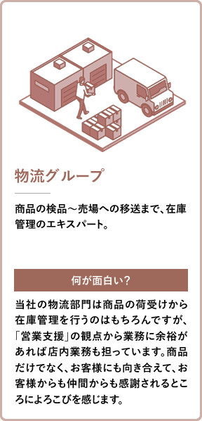物流グループ 商品の検品～売場への移送まで、在庫管理のエキスパート。 当社の物流部門は商品の荷受けから在庫管理を行うのはもちろんですが、「営業支援」の観点から業務に余裕があれば店内業務も担っています。商品だけでなく、お客様にも向き合えて、お客様からも仲間からも感謝されるところによろこびを感じます。