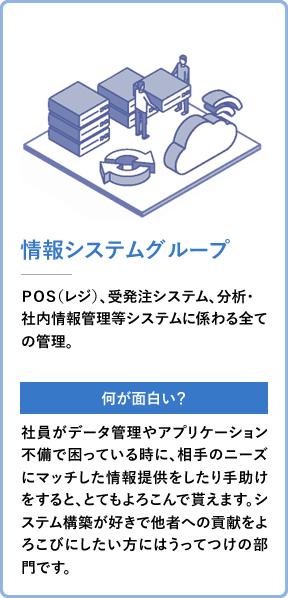 情報システムグループ ＰＯＳ（レジ）、受発注システム、分析・社内情報管理等システムに係わる全ての管理。 社員がデータ管理やアプリケーション不備で困っている時に、相手のニーズにマッチした情報提供をしたり手助けをすると、とてもよろこんで貰えます。システム構築が好きで他者への貢献をよろこびにしたい方にはうってつけの部門です。