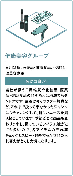 健康美容グループ 日用雑貨、医薬品・健康食品、化粧品、理美容家電 何が面白い？ 当社が扱う日用雑貨や化粧品・医薬品・健康食品の品ぞろえは地域でもダントツです！最近はキャラクター雑貨など、これまで扱って来なかったジャンルにもチャレンジして、新しいニーズを掘り起こしています。季節ごとに商品も変わりますし、扱っているアイテム数がとても多いので、各アイテムの売れ筋チェックとスピード感を持った商品の入れ替えがとても大切になります。